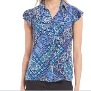 NWT Calvin Klein Blue and White Ruffle Fluttery Cap Sleeves Floral Shirt Sz PXS